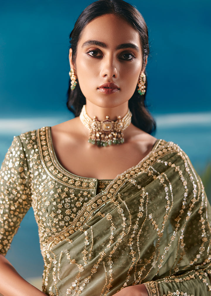 Buy Sage Green Satin Organza Fancy Designer Saree Online in US, UK, Canada, France, Germany, Denmark, Netherlands, Sweden, Greece & Worldwide at Empress.