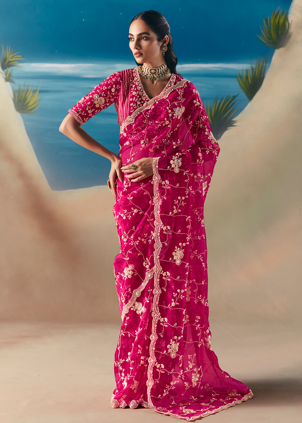 Buy Rani Pink Satin Organza Fancy Designer Saree Online in US, UK, Canada, France, Germany, Denmark, Netherlands, Sweden, Greece & Worldwide at Empress.