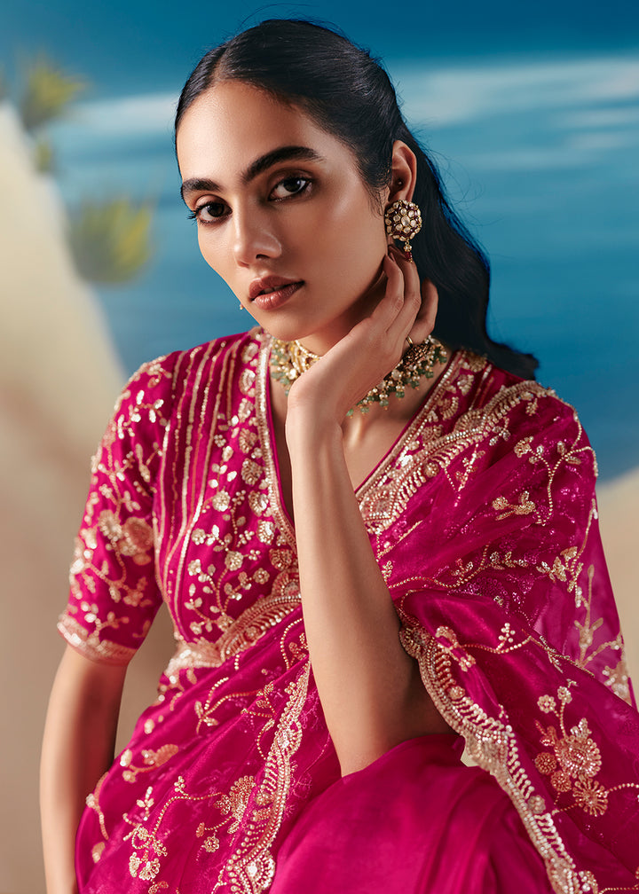 Buy Rani Pink Satin Organza Fancy Designer Saree Online in US, UK, Canada, France, Germany, Denmark, Netherlands, Sweden, Greece & Worldwide at Empress.