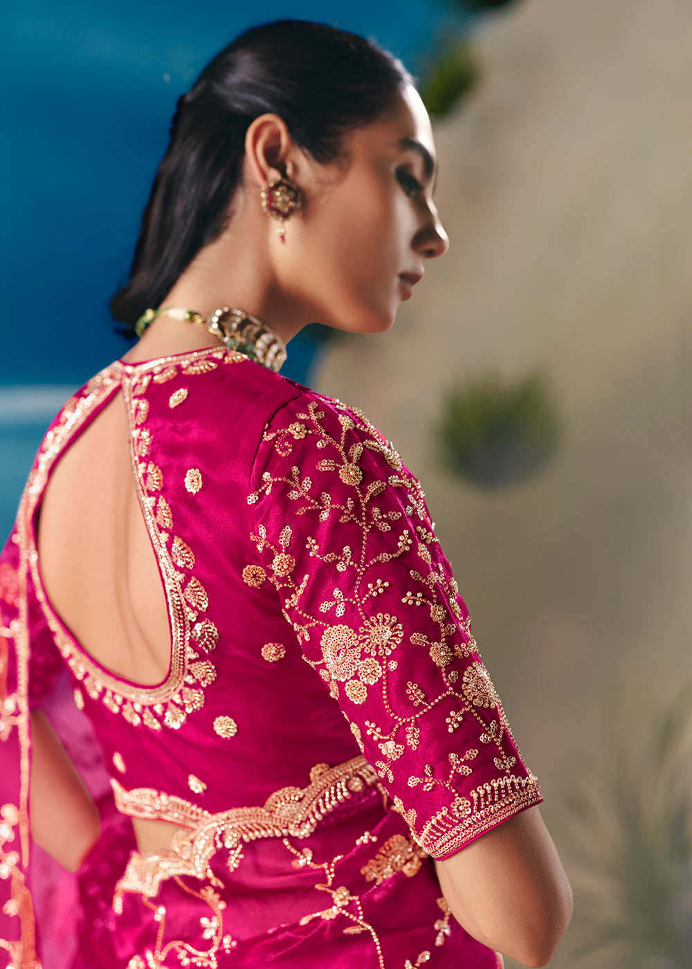 Buy Rani Pink Satin Organza Fancy Designer Saree Online in US, UK, Canada, France, Germany, Denmark, Netherlands, Sweden, Greece & Worldwide at Empress.