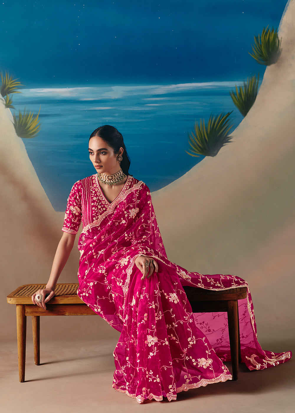Buy Rani Pink Satin Organza Fancy Designer Saree Online in US, UK, Canada, France, Germany, Denmark, Netherlands, Sweden, Greece & Worldwide at Empress.