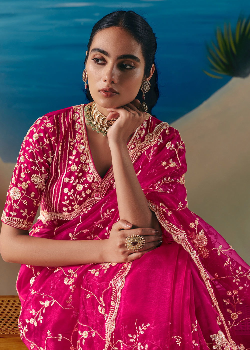 Buy Rani Pink Satin Organza Fancy Designer Saree Online in US, UK, Canada, France, Germany, Denmark, Netherlands, Sweden, Greece & Worldwide at Empress.