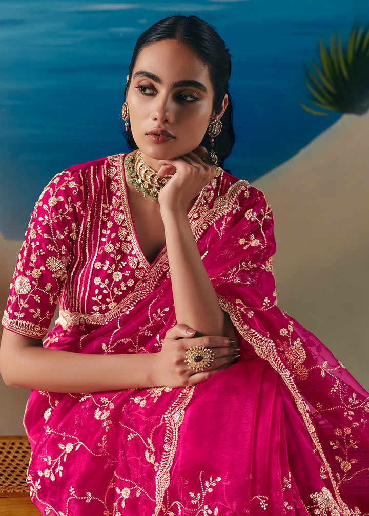 Buy Rani Pink Satin Organza Fancy Designer Saree Online in US, UK, Canada, France, Germany, Denmark, Netherlands, Sweden, Greece & Worldwide at Empress.