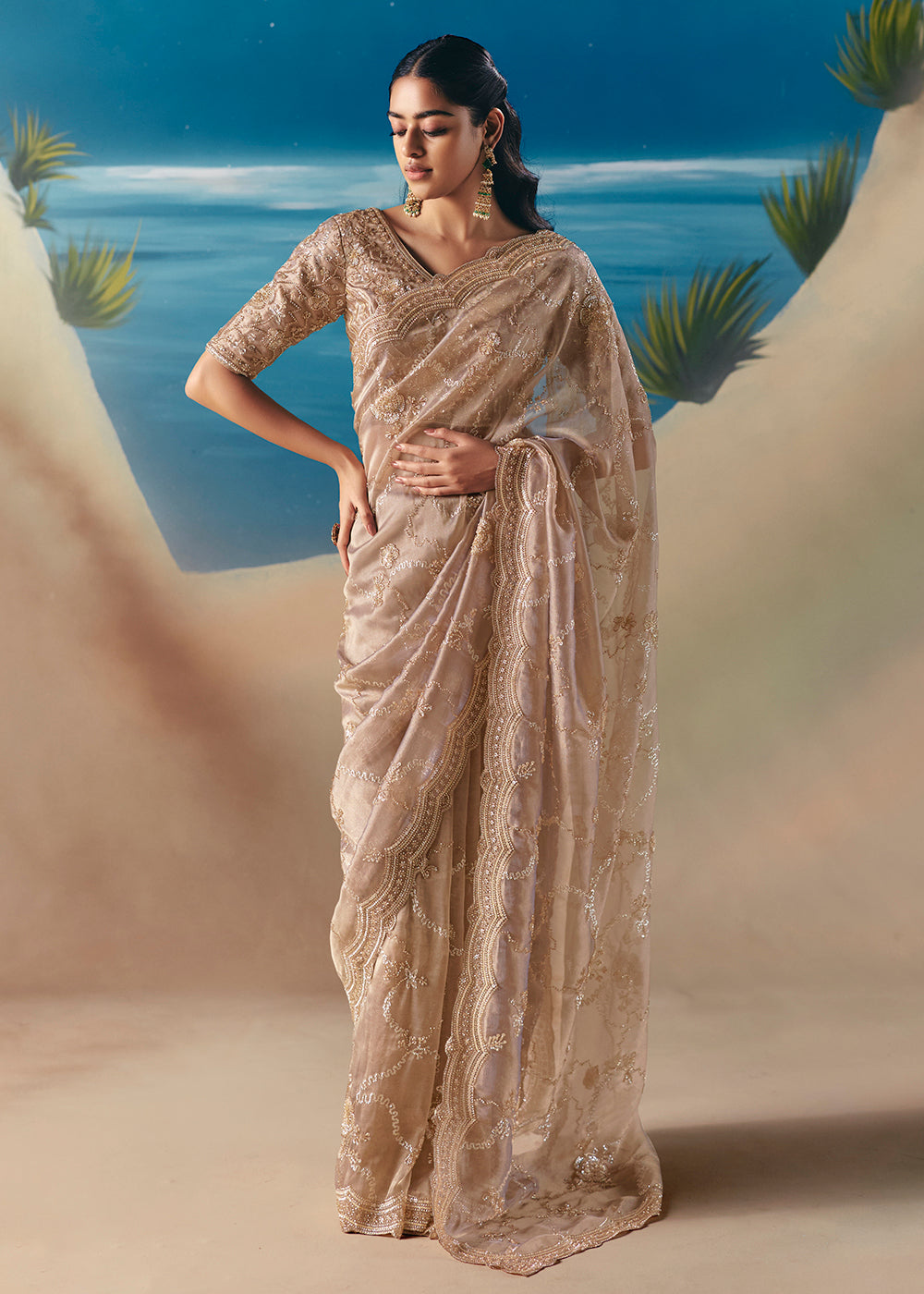 Buy Dusty Beige Satin Organza Fancy Designer Saree Online in US, UK, Canada, France, Germany, Denmark, Netherlands, Sweden, Greece, UAE & Worldwide at Empress.