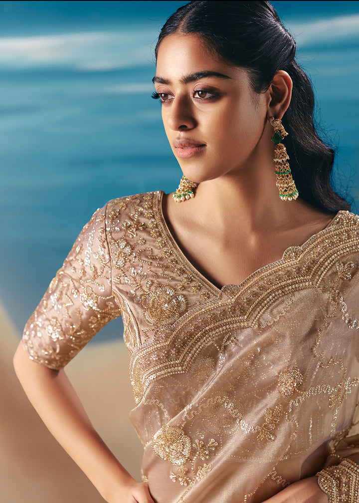 Buy Dusty Beige Satin Organza Fancy Designer Saree Online in US, UK, Canada, France, Germany, Denmark, Netherlands, Sweden, Greece, UAE & Worldwide at Empress.