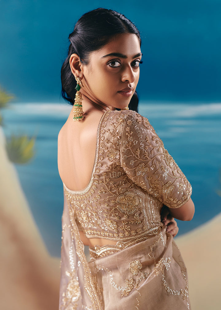 Buy Dusty Beige Satin Organza Fancy Designer Saree Online in US, UK, Canada, France, Germany, Denmark, Netherlands, Sweden, Greece, UAE & Worldwide at Empress.