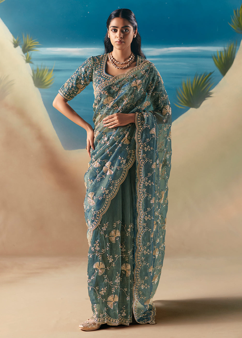 Buy Aqua Blue Satin Organza Fancy Designer Saree Online in US, UK, Canada, France, Germany, Denmark, Netherlands, Sweden, Greece, UAE & Worldwide at Empress.