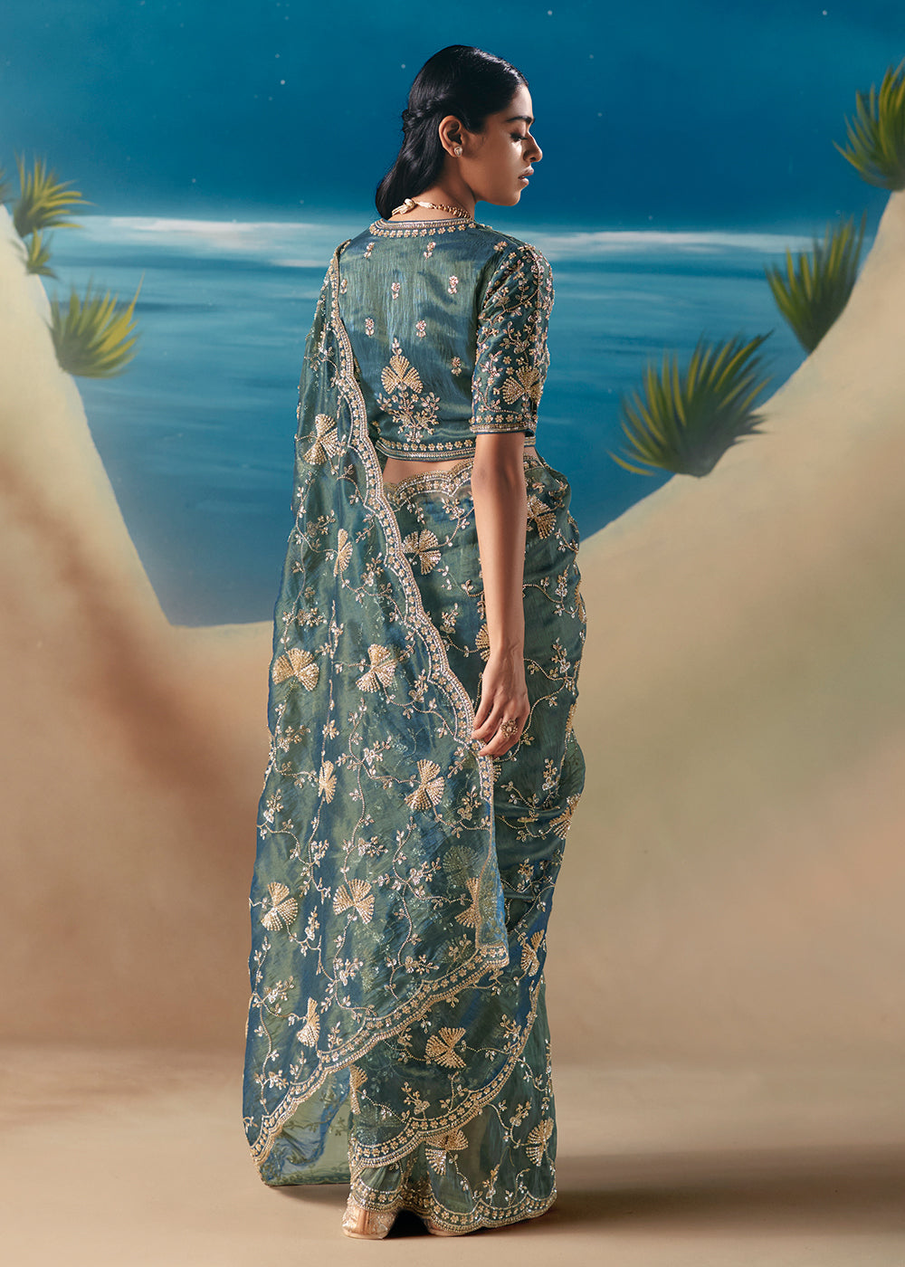Buy Aqua Blue Satin Organza Fancy Designer Saree Online in US, UK, Canada, France, Germany, Denmark, Netherlands, Sweden, Greece, UAE & Worldwide at Empress.