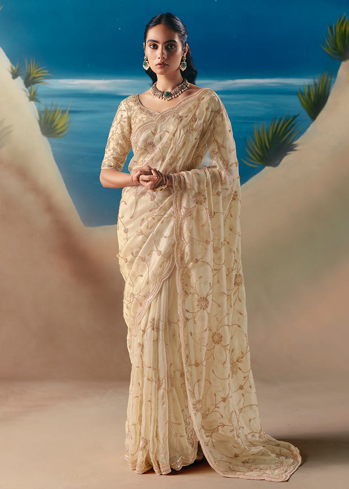 Buy Cream Satin Organza Fancy Designer Saree Online in US, UK, Canada, France, Germany, Denmark, Netherlands, Sweden, Greece, UAE & Worldwide at Empress.