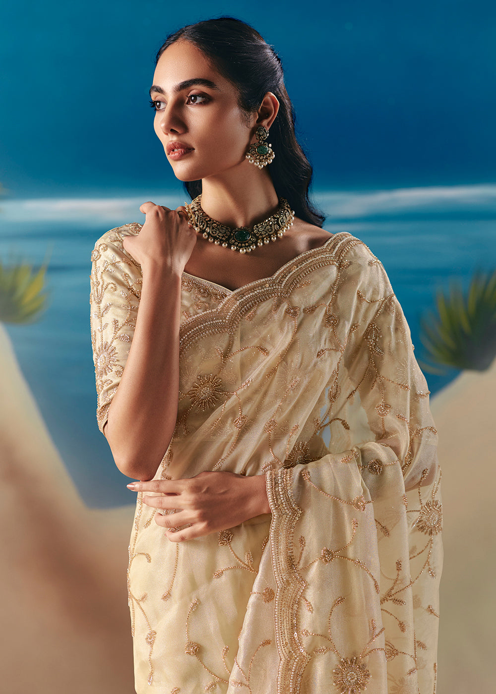 Buy Cream Satin Organza Fancy Designer Saree Online in US, UK, Canada, France, Germany, Denmark, Netherlands, Sweden, Greece, UAE & Worldwide at Empress.