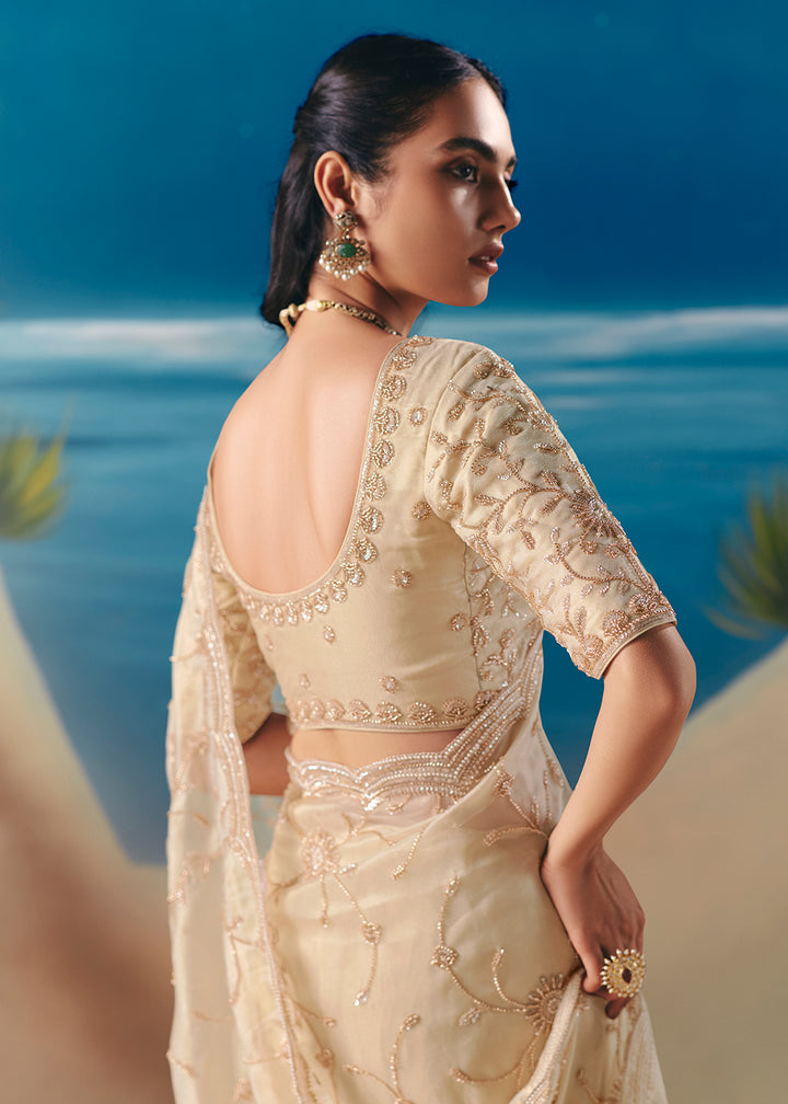 Buy Cream Satin Organza Fancy Designer Saree Online in US, UK, Canada, France, Germany, Denmark, Netherlands, Sweden, Greece, UAE & Worldwide at Empress.