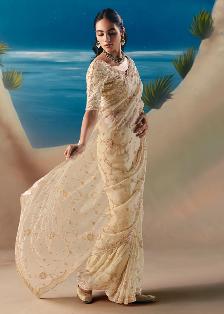 Buy Cream Satin Organza Fancy Designer Saree Online in US, UK, Canada, France, Germany, Denmark, Netherlands, Sweden, Greece, UAE & Worldwide at Empress.