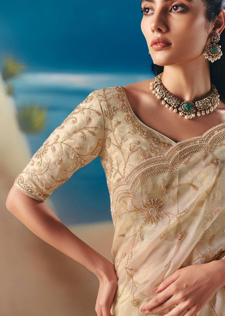 Buy Cream Satin Organza Fancy Designer Saree Online in US, UK, Canada, France, Germany, Denmark, Netherlands, Sweden, Greece, UAE & Worldwide at Empress.