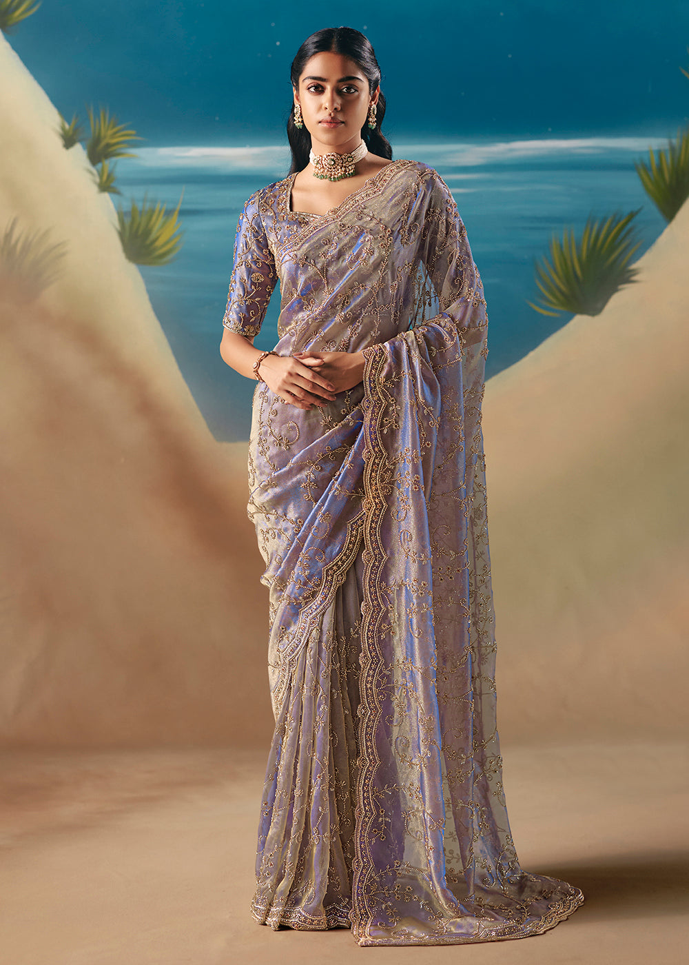 Buy Lavender Satin Organza Fancy Designer Saree Online in US, UK, Canada, France, Germany, Denmark, Netherlands, Sweden, Greece, UAE & Worldwide at Empress.