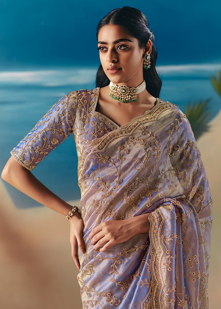 Buy Lavender Satin Organza Fancy Designer Saree Online in US, UK, Canada, France, Germany, Denmark, Netherlands, Sweden, Greece, UAE & Worldwide at Empress.