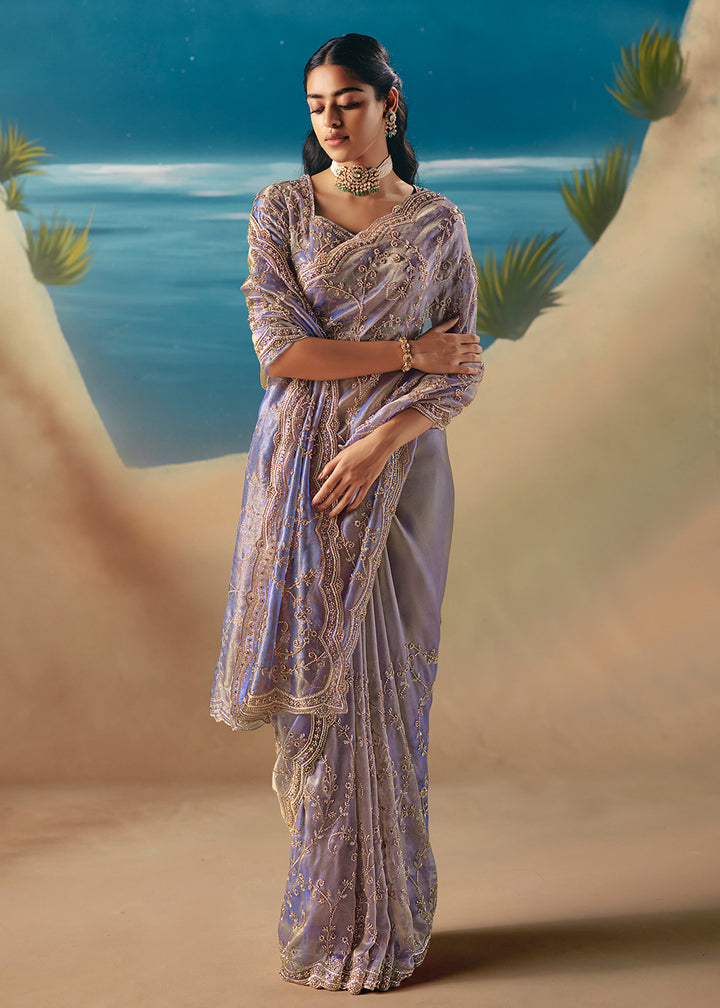 Buy Lavender Satin Organza Fancy Designer Saree Online in US, UK, Canada, France, Germany, Denmark, Netherlands, Sweden, Greece, UAE & Worldwide at Empress.