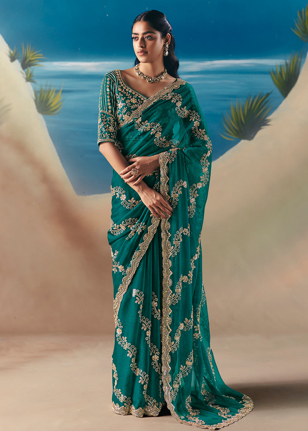Buy Rama Green Satin Organza Fancy Designer Saree Online in US, UK, Canada, France, Germany, Denmark, Netherlands, Sweden, Greece, UAE & Worldwide at Empress.