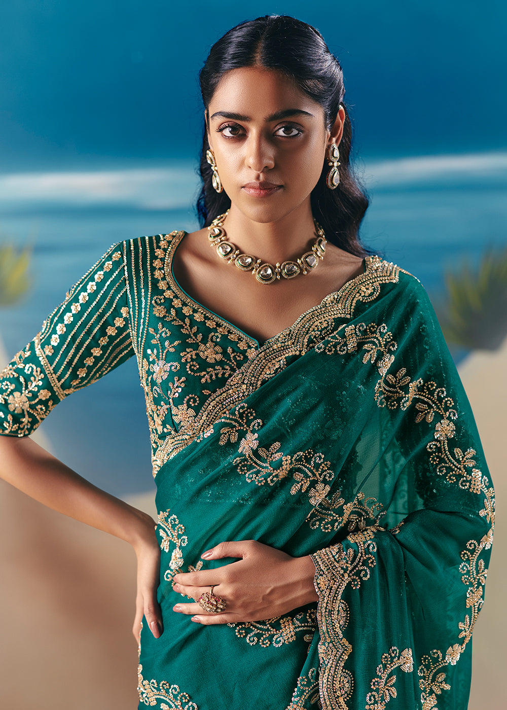 Buy Rama Green Satin Organza Fancy Designer Saree Online in US, UK, Canada, France, Germany, Denmark, Netherlands, Sweden, Greece, UAE & Worldwide at Empress.
