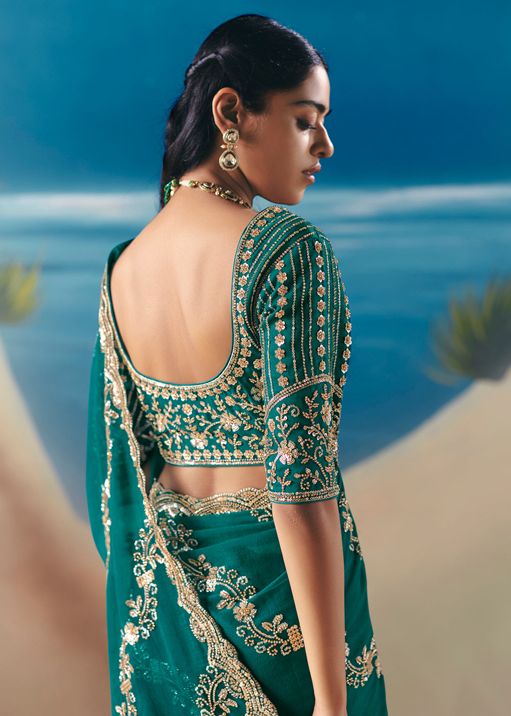 Buy Rama Green Satin Organza Fancy Designer Saree Online in US, UK, Canada, France, Germany, Denmark, Netherlands, Sweden, Greece, UAE & Worldwide at Empress.
