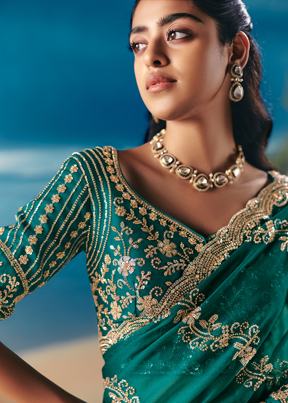 Buy Rama Green Satin Organza Fancy Designer Saree Online in US, UK, Canada, France, Germany, Denmark, Netherlands, Sweden, Greece, UAE & Worldwide at Empress.