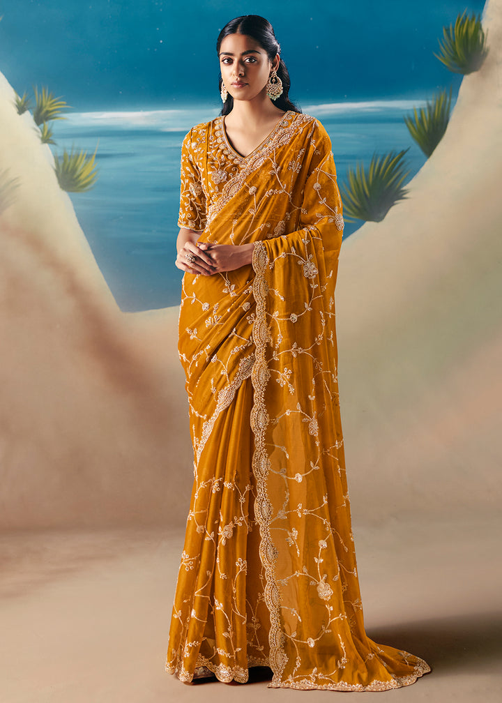 Buy Haldi Yellow Satin Organza Fancy Designer Saree Online in US, UK, Canada, France, Germany, Denmark, Netherlands, Sweden, Greece, UAE & Worldwide at Empress.
