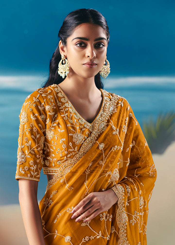 Buy Haldi Yellow Satin Organza Fancy Designer Saree Online in US, UK, Canada, France, Germany, Denmark, Netherlands, Sweden, Greece, UAE & Worldwide at Empress.