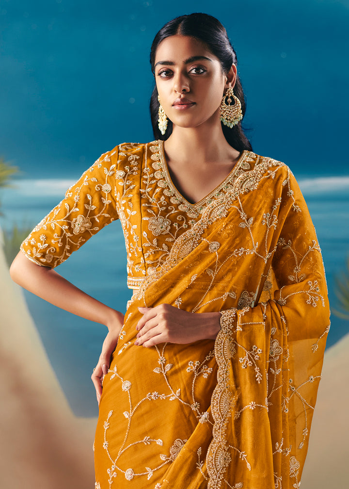 Buy Haldi Yellow Satin Organza Fancy Designer Saree Online in US, UK, Canada, France, Germany, Denmark, Netherlands, Sweden, Greece, UAE & Worldwide at Empress.