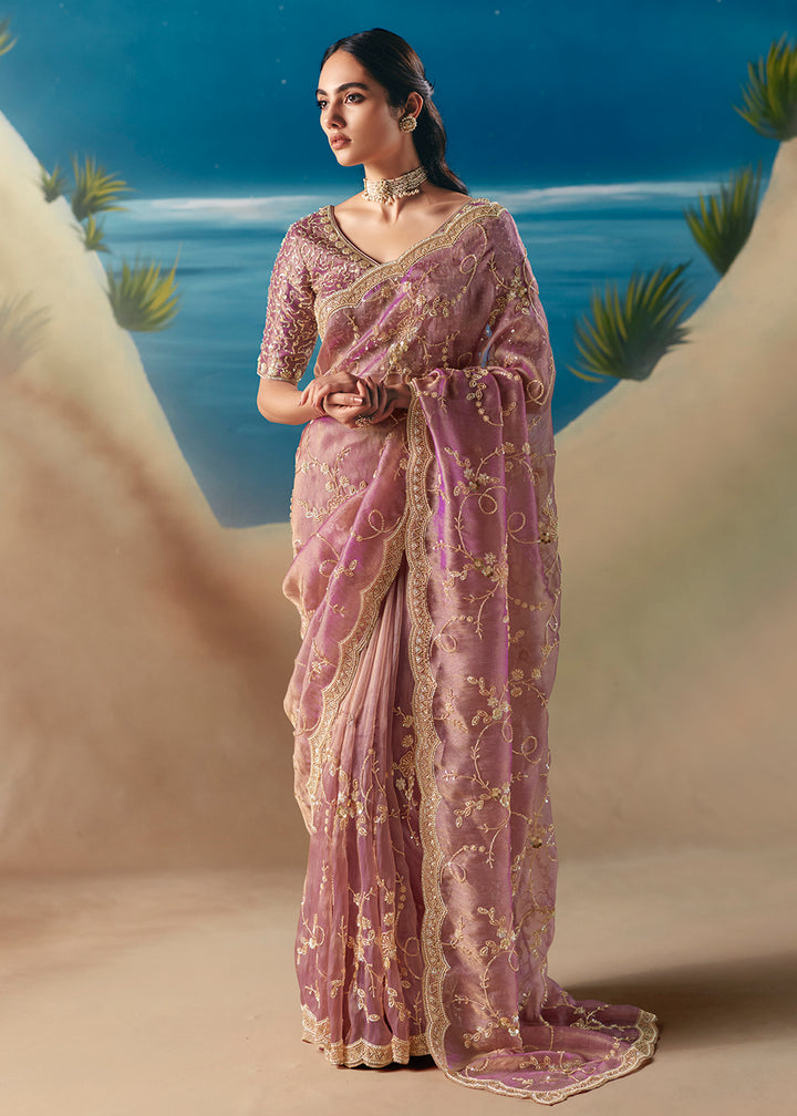 Buy Onion Pink Satin Organza Fancy Designer Saree Online in US, UK, Canada, France, Germany, Denmark, Netherlands, Sweden, Greece, UAE & Worldwide at Empress.
