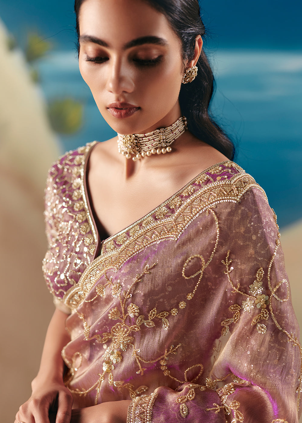 Buy Onion Pink Satin Organza Fancy Designer Saree Online in US, UK, Canada, France, Germany, Denmark, Netherlands, Sweden, Greece, UAE & Worldwide at Empress.