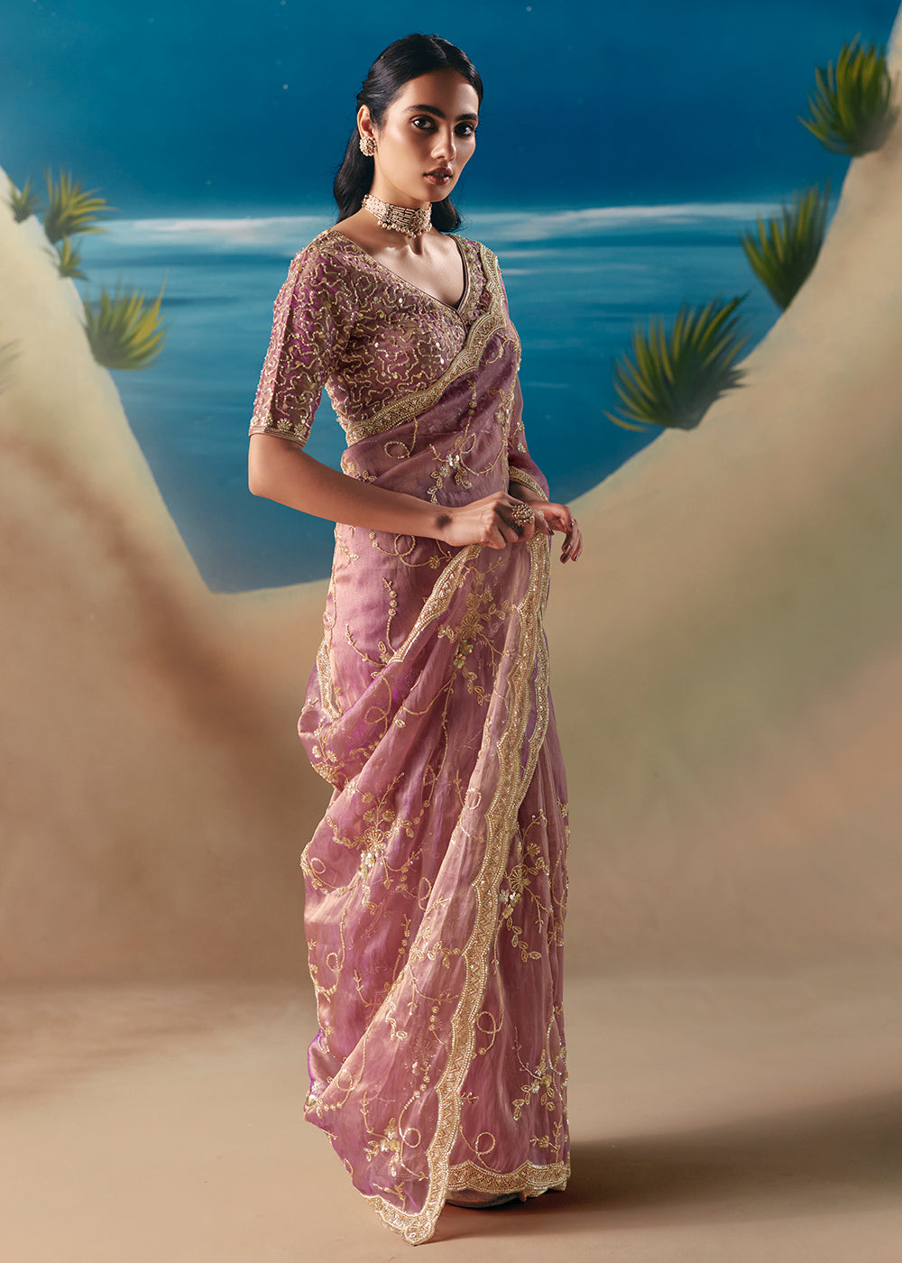 Buy Onion Pink Satin Organza Fancy Designer Saree Online in US, UK, Canada, France, Germany, Denmark, Netherlands, Sweden, Greece, UAE & Worldwide at Empress.