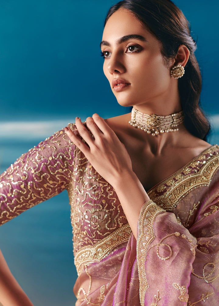 Buy Onion Pink Satin Organza Fancy Designer Saree Online in US, UK, Canada, France, Germany, Denmark, Netherlands, Sweden, Greece, UAE & Worldwide at Empress.