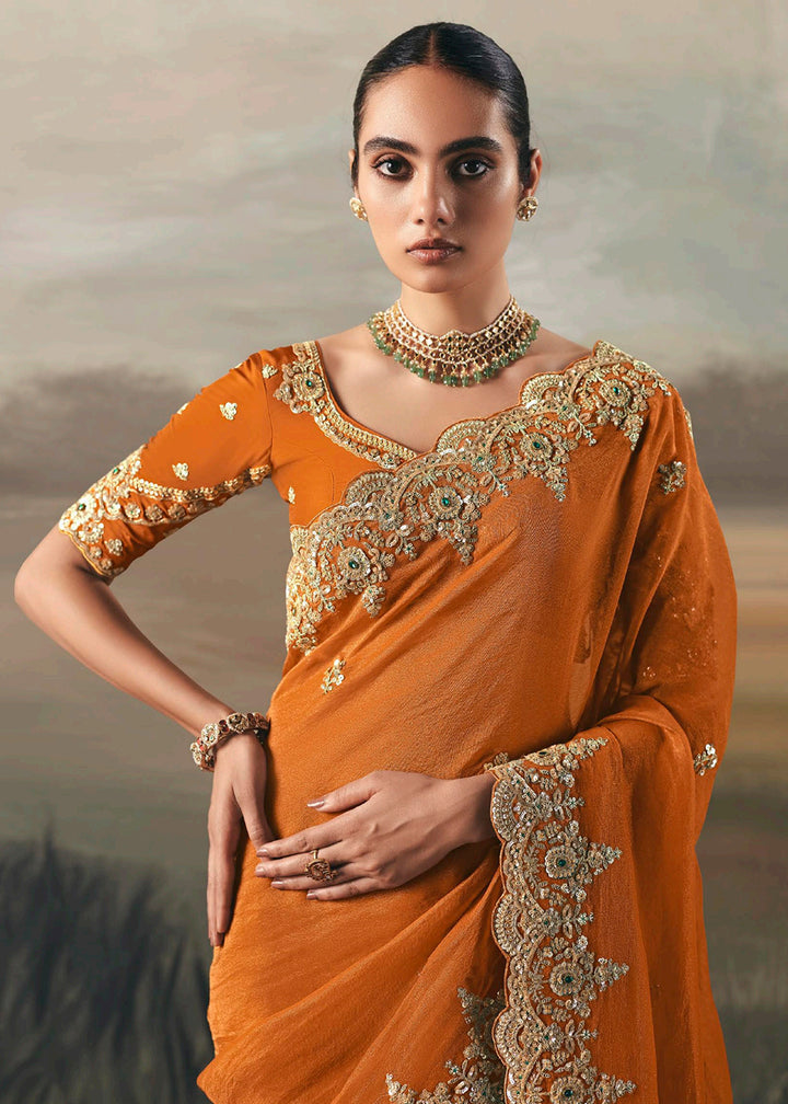 Buy Orange Premium Tissue Zari Fabric Designer Saree Online in US, UK, Canada, France, Germany, Denmark, Netherlands, Sweden, Ireland & Worldwide at Empress.