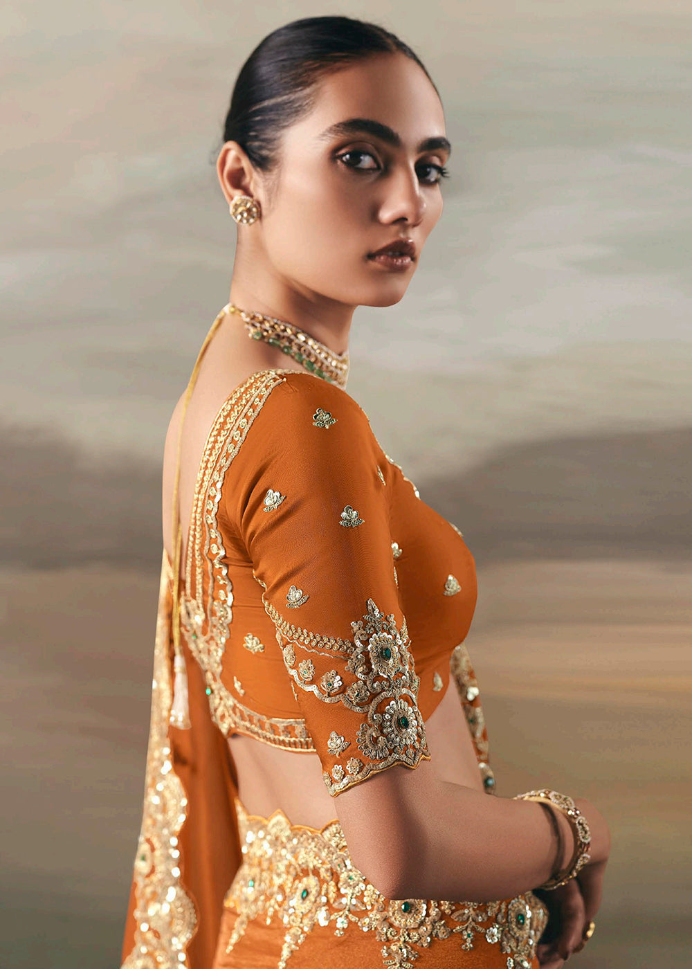 Buy Orange Premium Tissue Zari Fabric Designer Saree Online in US, UK, Canada, France, Germany, Denmark, Netherlands, Sweden, Ireland & Worldwide at Empress.