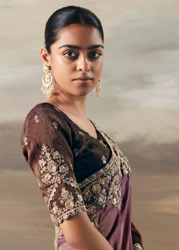 Buy Purple Premium Tissue Zari Fabric Designer Saree Online in US, UK, Canada, France, Germany, Denmark, Netherlands, Sweden, Ireland & Worldwide at Empress.