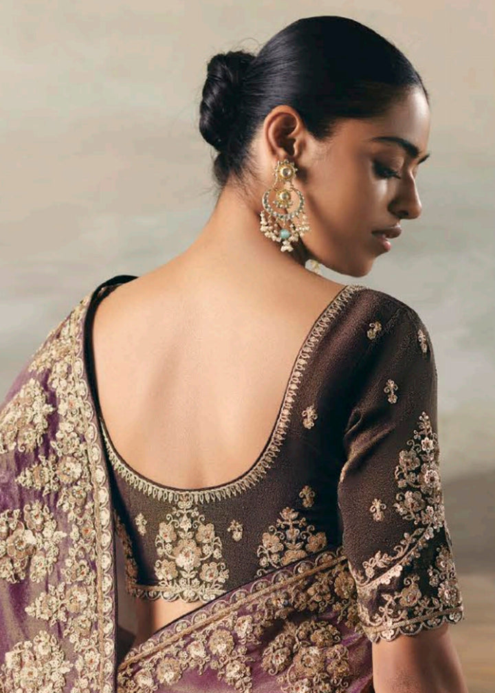 Buy Purple Premium Tissue Zari Fabric Designer Saree Online in US, UK, Canada, France, Germany, Denmark, Netherlands, Sweden, Ireland & Worldwide at Empress.