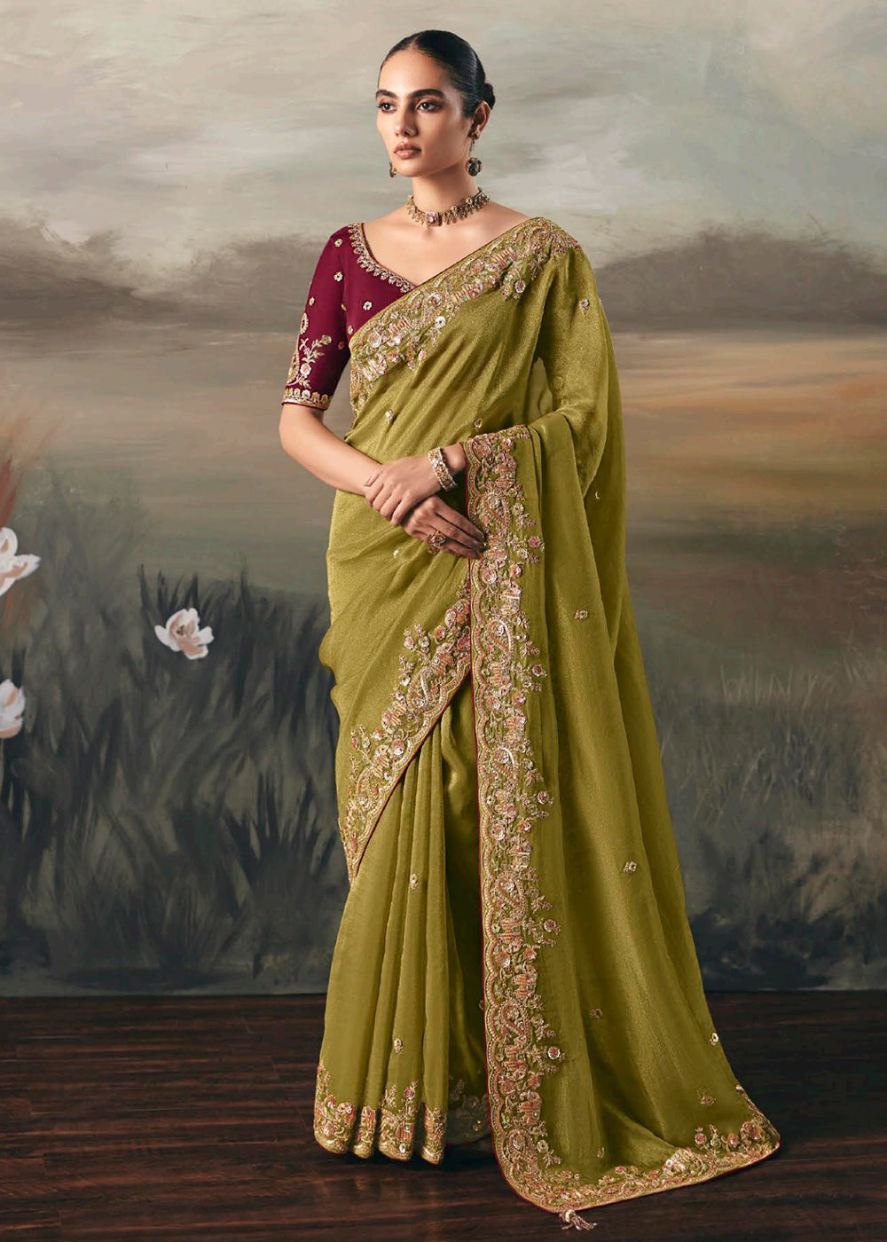 Buy Green Premium Tissue Zari Fabric Designer Saree Online in US, UK, Canada, France, Germany, Denmark, Netherlands, Sweden, Ireland & Worldwide at Empress.