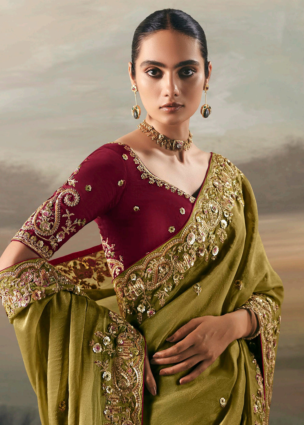 Buy Green Premium Tissue Zari Fabric Designer Saree Online in US, UK, Canada, France, Germany, Denmark, Netherlands, Sweden, Ireland & Worldwide at Empress.