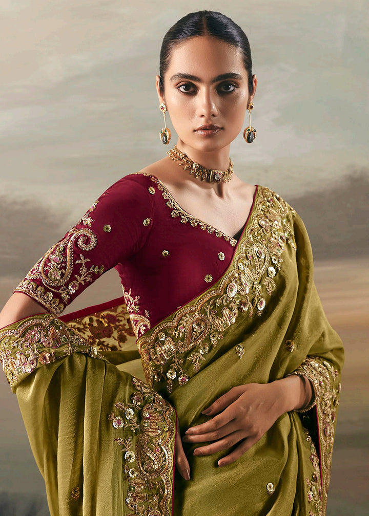 Buy Green Premium Tissue Zari Fabric Designer Saree Online in US, UK, Canada, France, Germany, Denmark, Netherlands, Sweden, Ireland & Worldwide at Empress.