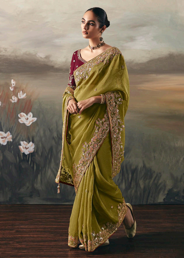 Buy Green Premium Tissue Zari Fabric Designer Saree Online in US, UK, Canada, France, Germany, Denmark, Netherlands, Sweden, Ireland & Worldwide at Empress.