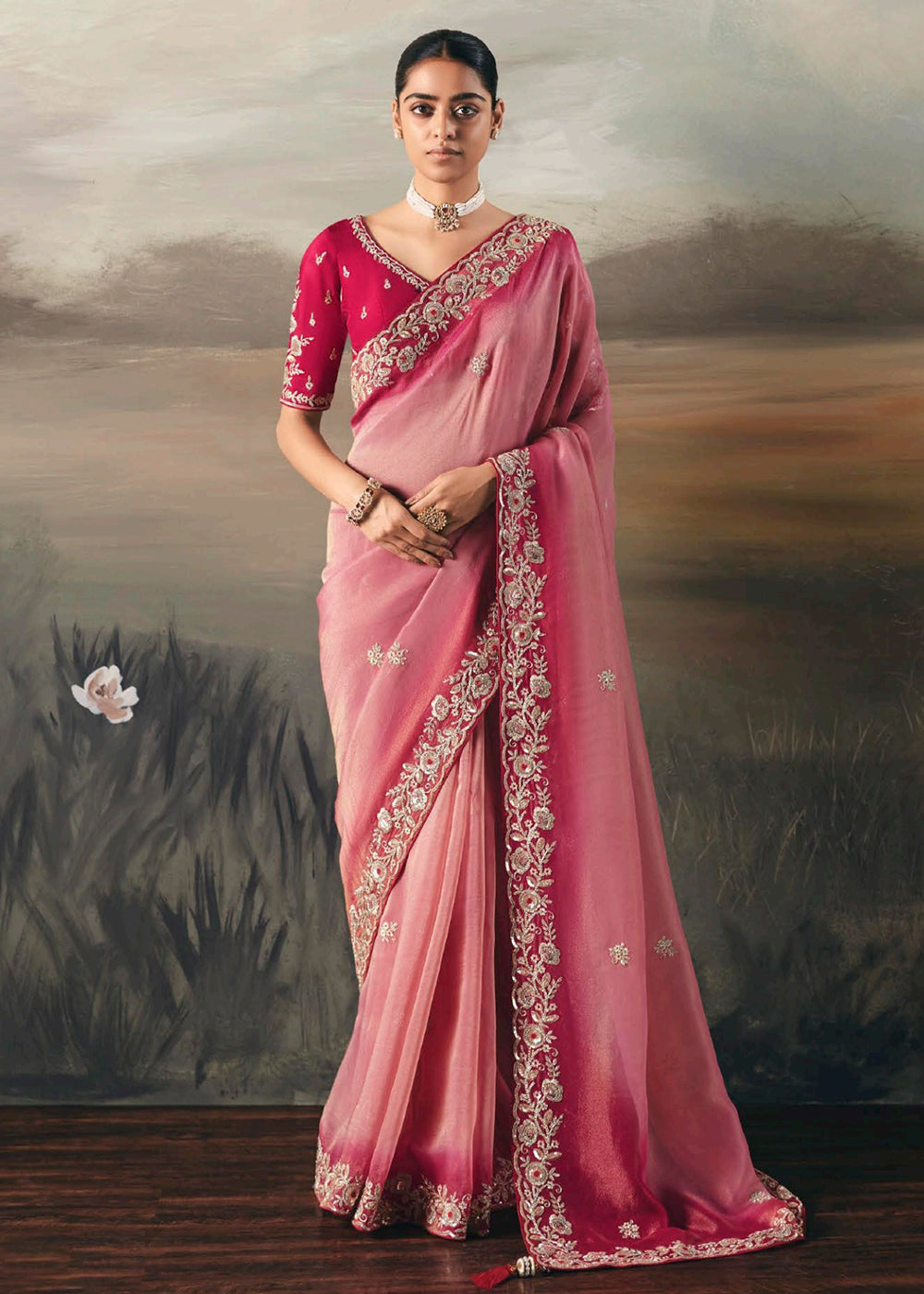Buy Pink Premium Tissue Zari Fabric Designer Saree Online in US, UK, Canada, France, Germany, Denmark, Netherlands, Sweden, Ireland & Worldwide at Empress.