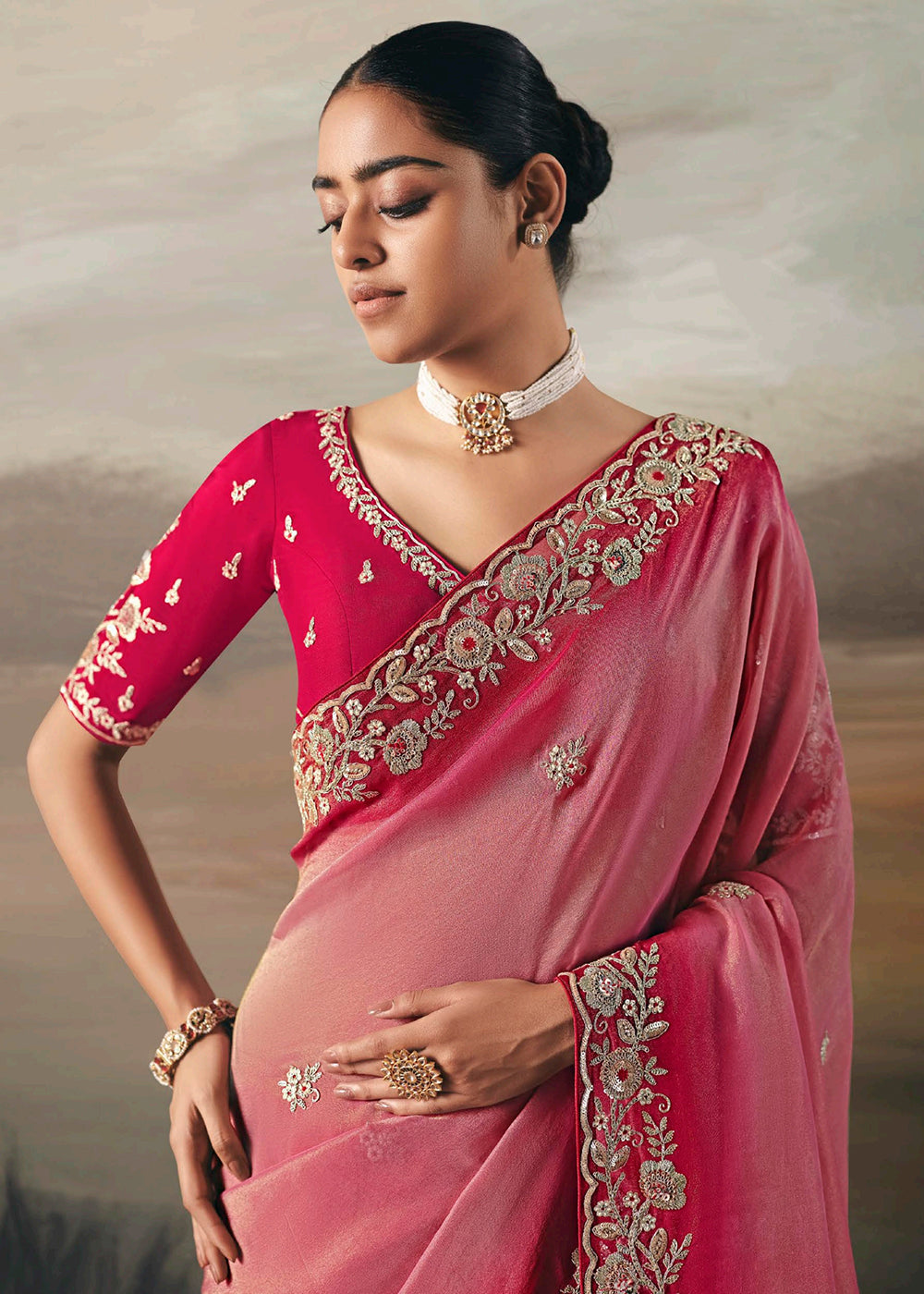 Buy Pink Premium Tissue Zari Fabric Designer Saree Online in US, UK, Canada, France, Germany, Denmark, Netherlands, Sweden, Ireland & Worldwide at Empress.