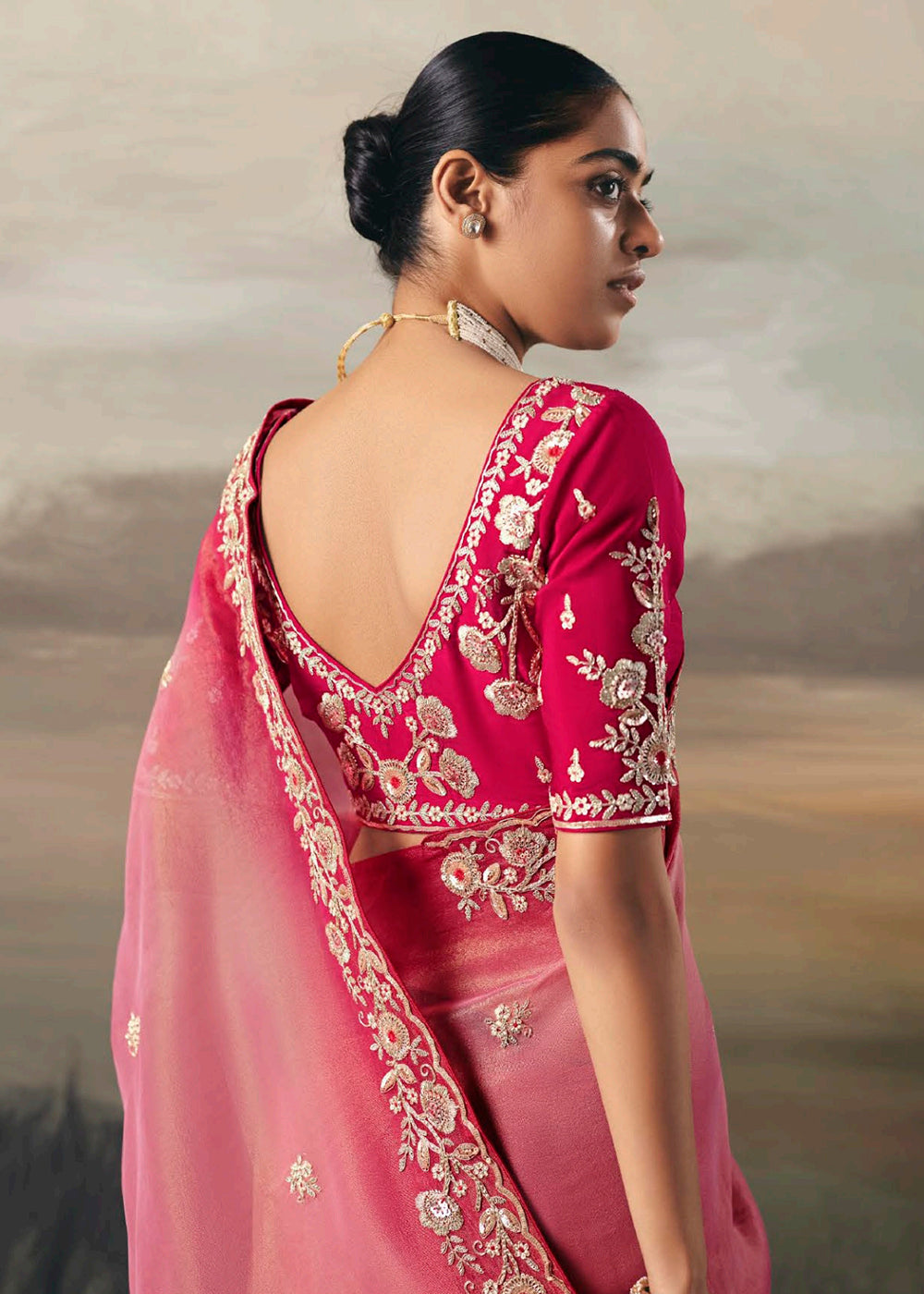 Buy Pink Premium Tissue Zari Fabric Designer Saree Online in US, UK, Canada, France, Germany, Denmark, Netherlands, Sweden, Ireland & Worldwide at Empress.
