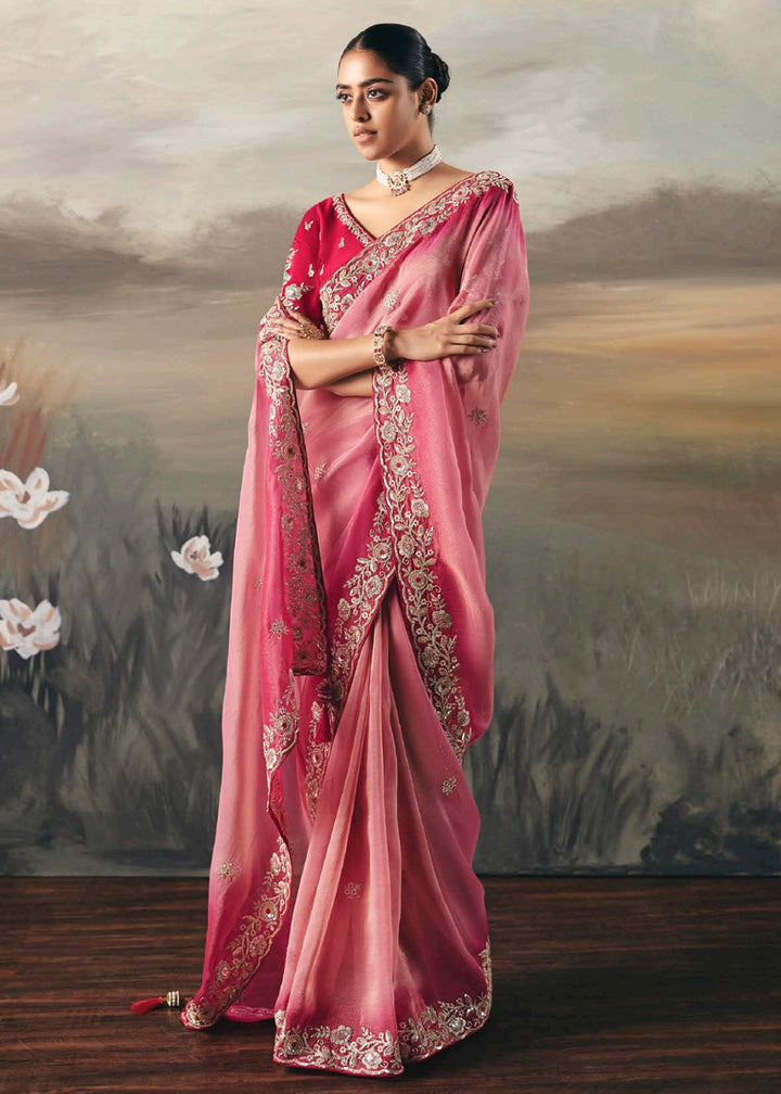Buy Pink Premium Tissue Zari Fabric Designer Saree Online in US, UK, Canada, France, Germany, Denmark, Netherlands, Sweden, Ireland & Worldwide at Empress.