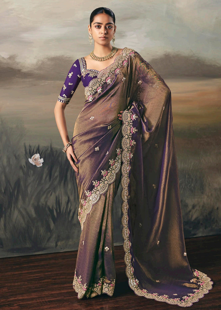 Buy Premium Tissue Zari Fabric Purple Designer Saree Online in US, UK, Canada, France, Germany, Denmark, Netherlands, Sweden, Ireland & Worldwide at Empress.
