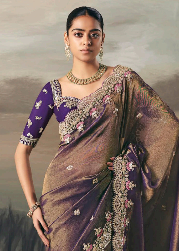 Buy Premium Tissue Zari Fabric Purple Designer Saree Online in US, UK, Canada, France, Germany, Denmark, Netherlands, Sweden, Ireland & Worldwide at Empress.