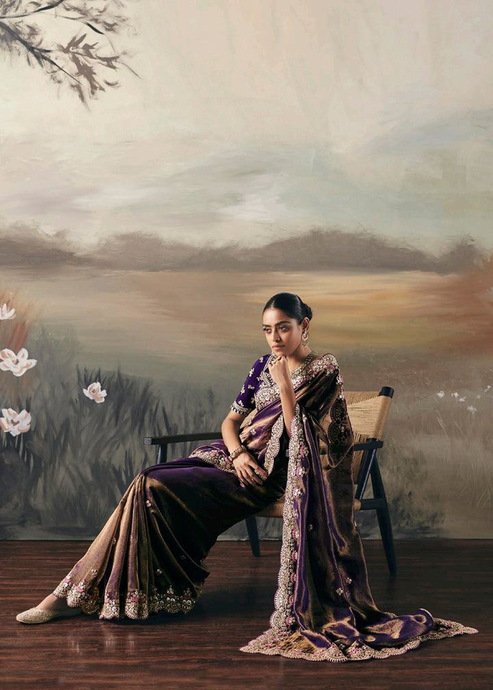 Buy Premium Tissue Zari Fabric Purple Designer Saree Online in US, UK, Canada, France, Germany, Denmark, Netherlands, Sweden, Ireland & Worldwide at Empress.