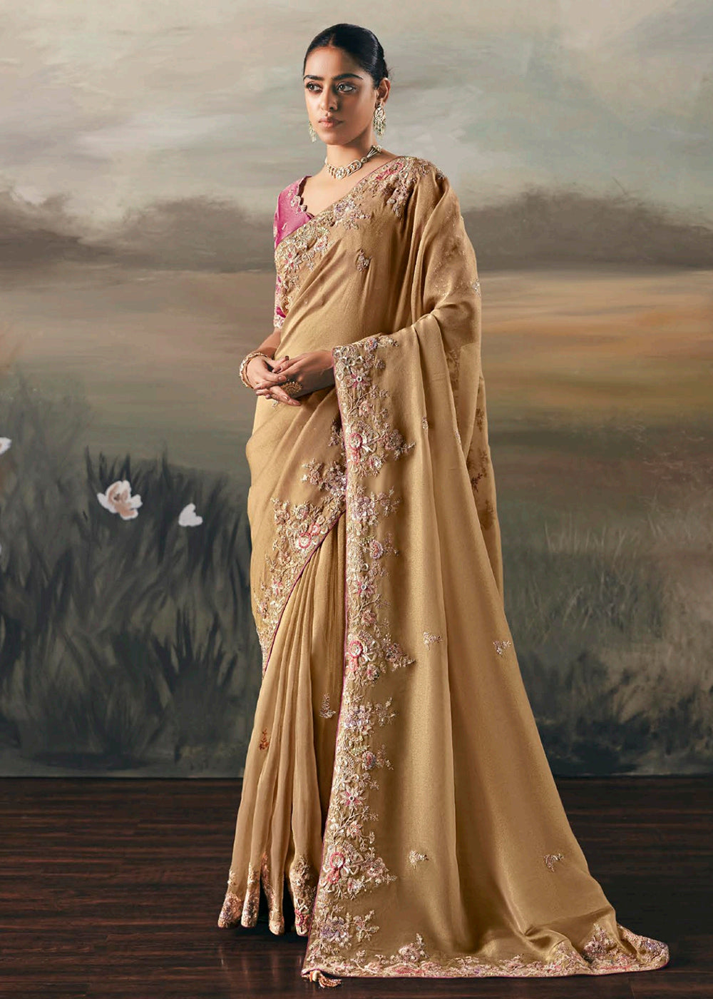 Buy Beige Premium Tissue Zari Fabric Designer Saree Online in US, UK, Canada, France, Germany, Denmark, Netherlands, Sweden, Ireland & Worldwide at Empress.