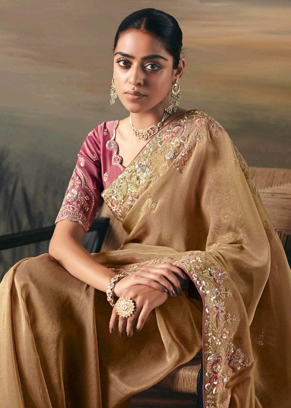 Buy Beige Premium Tissue Zari Fabric Designer Saree Online in US, UK, Canada, France, Germany, Denmark, Netherlands, Sweden, Ireland & Worldwide at Empress.