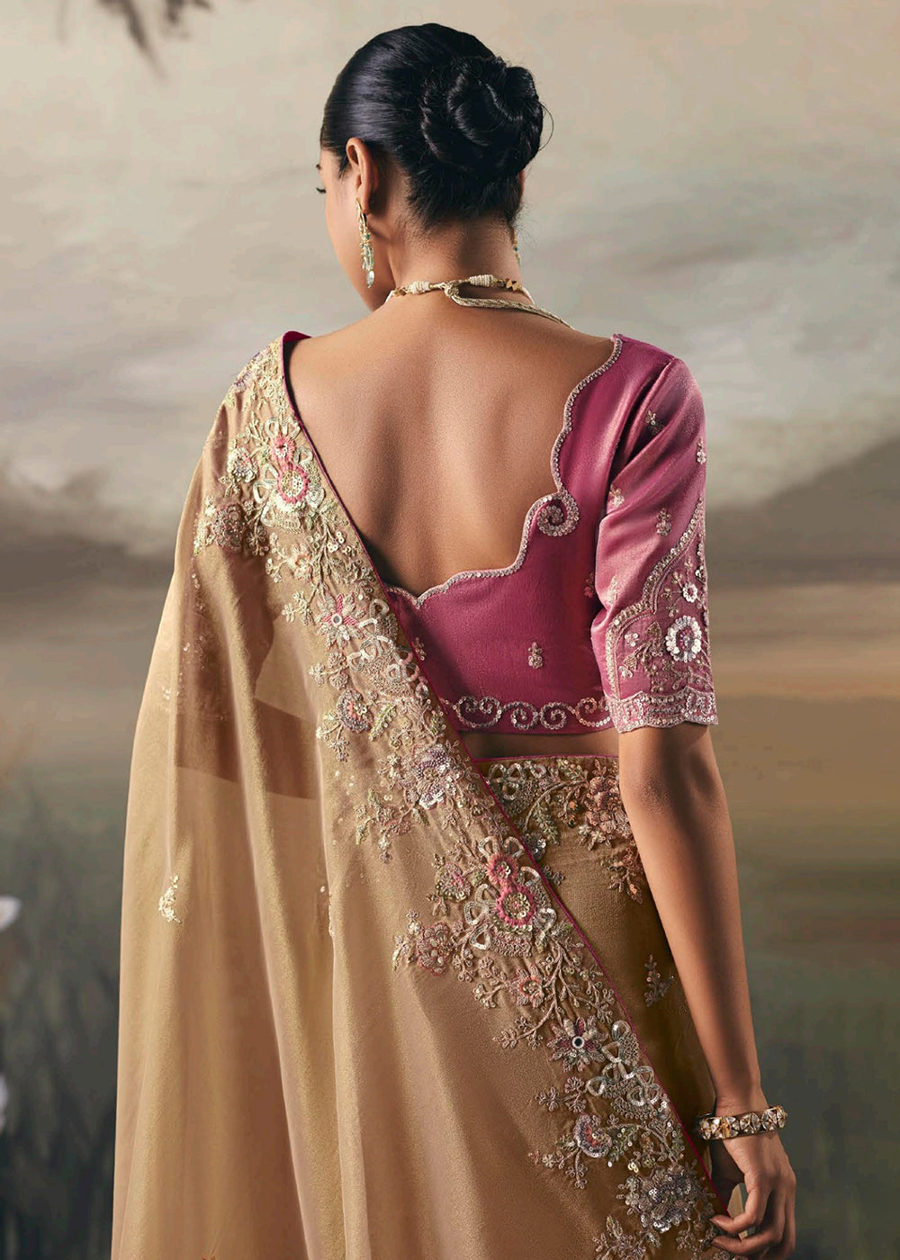 Buy Beige Premium Tissue Zari Fabric Designer Saree Online in US, UK, Canada, France, Germany, Denmark, Netherlands, Sweden, Ireland & Worldwide at Empress.