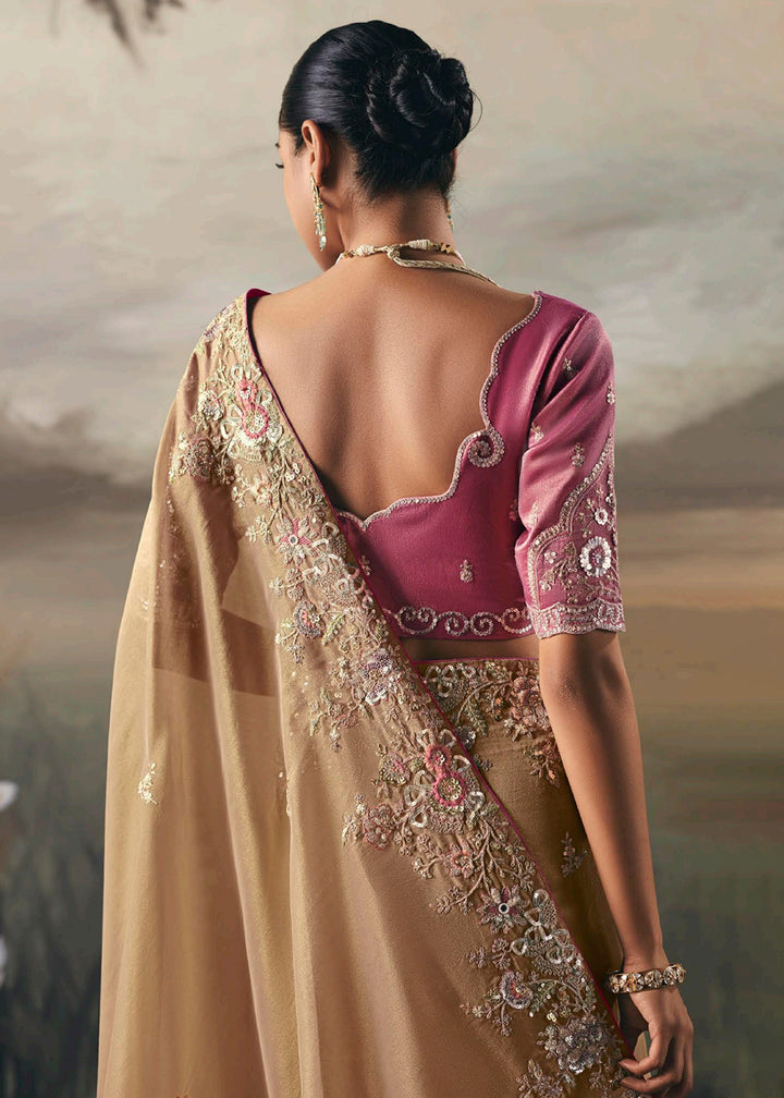 Buy Beige Premium Tissue Zari Fabric Designer Saree Online in US, UK, Canada, France, Germany, Denmark, Netherlands, Sweden, Ireland & Worldwide at Empress.